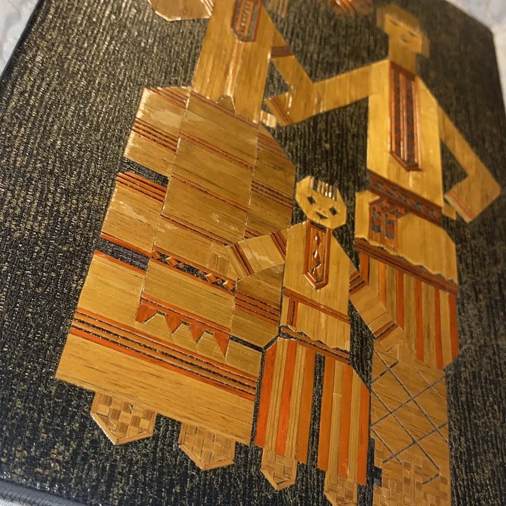 Vtg USSR Russian Wood‎ Straw Inlaid Wall Plaque Man Woman Child Family Folk Art